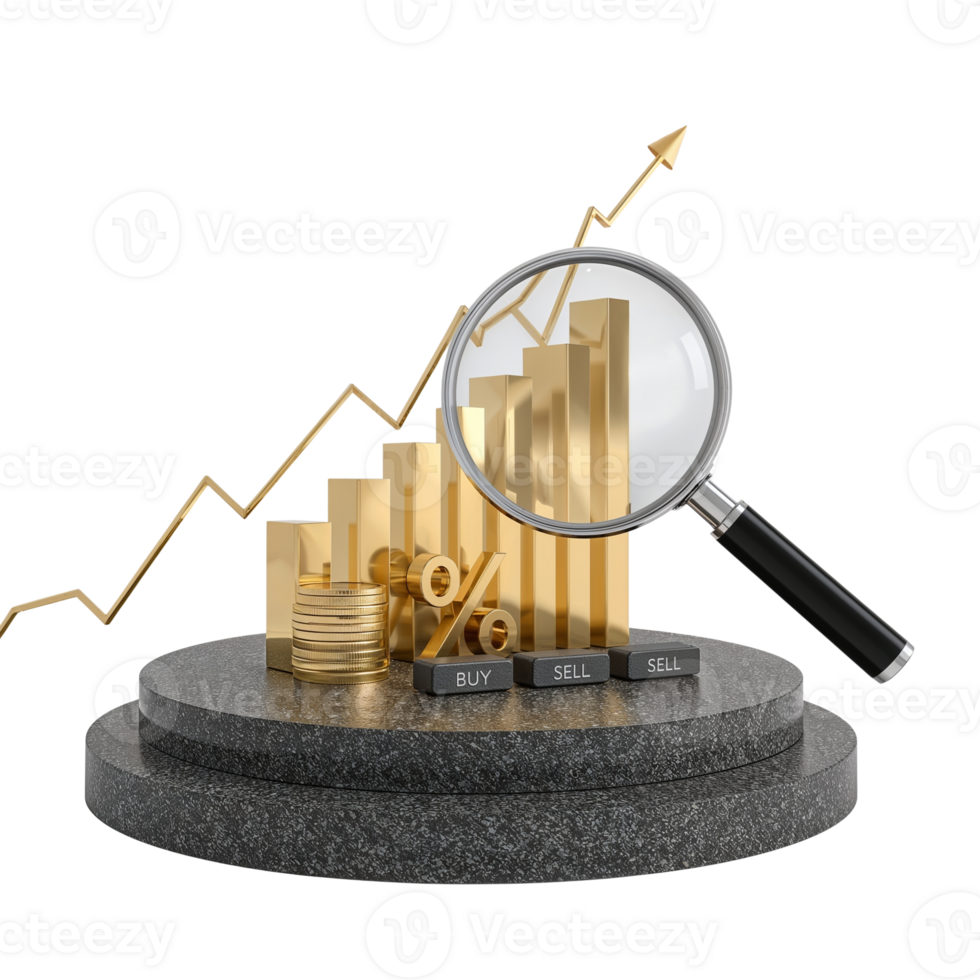 Financial Growth Visualization with Magnifying Glass and Golden Elements on Platform png