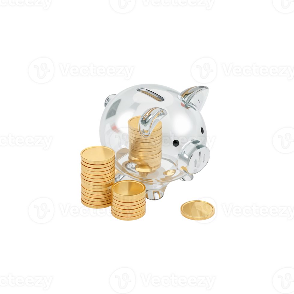 Illuminated transparent piggy bank accompanied by neat stacks of shiny golden coins savings png