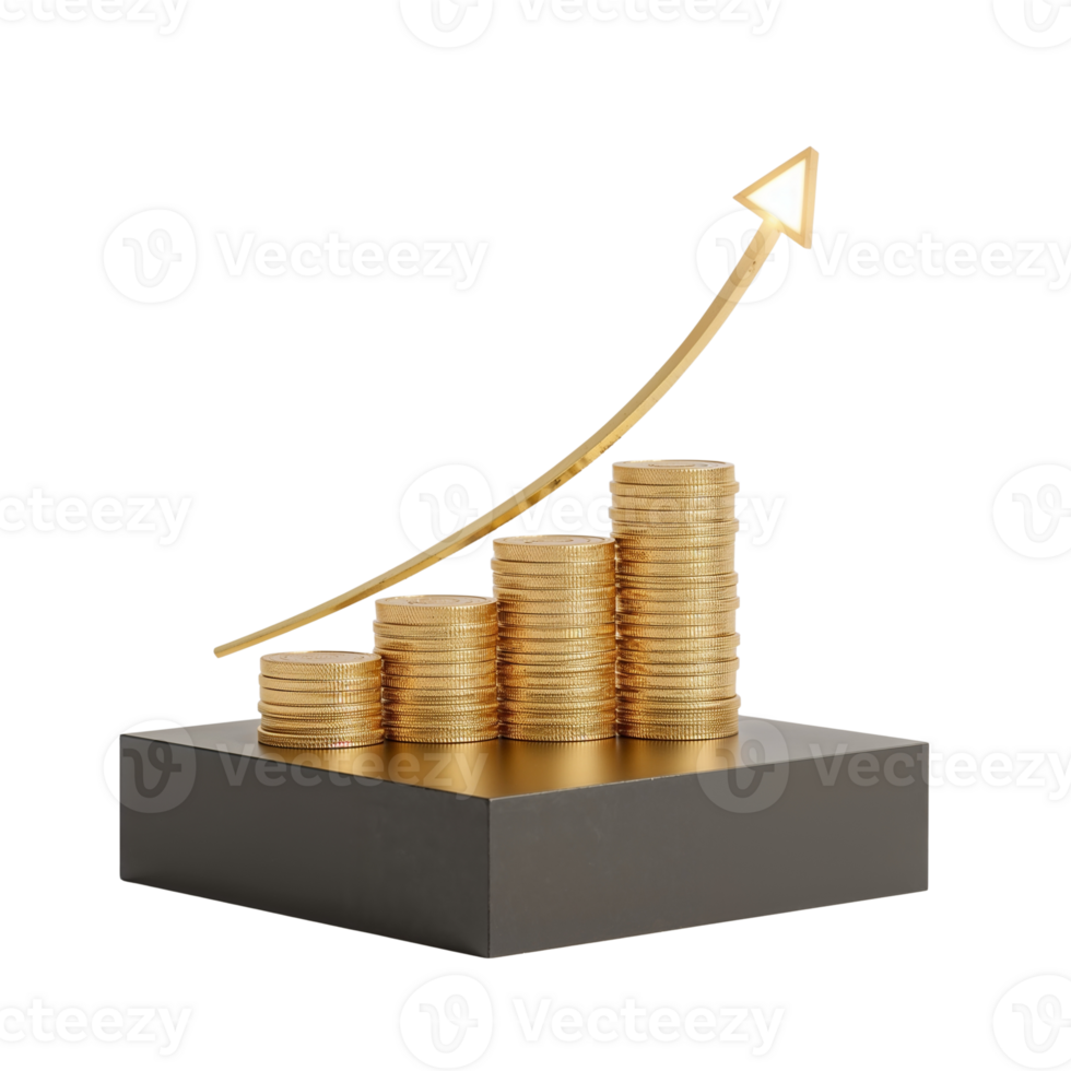 Gilded financial growth representation with stacked coins and arrow on simple block png