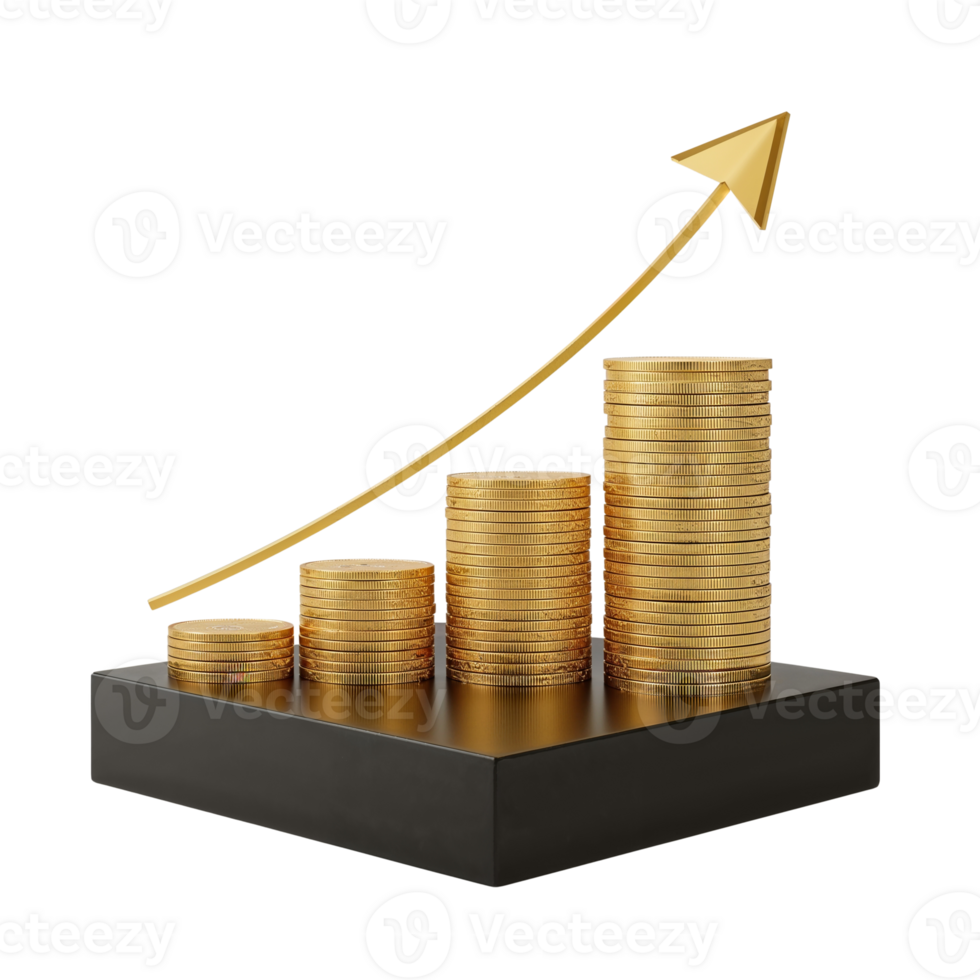 Golden coin stacks ascending with arrow symbolize financial growth and success on clean display png