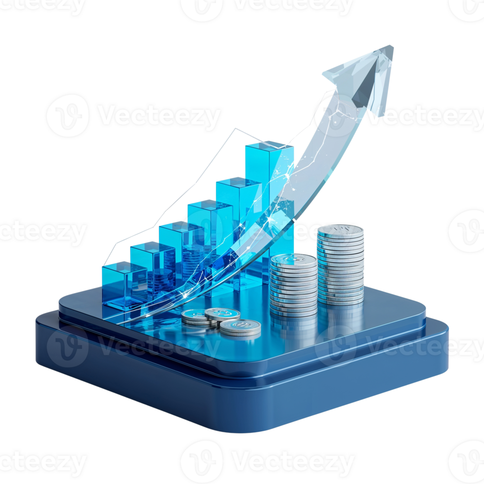Abstract luminous growth chart and coin stacks reflecting financial progress on isolated png