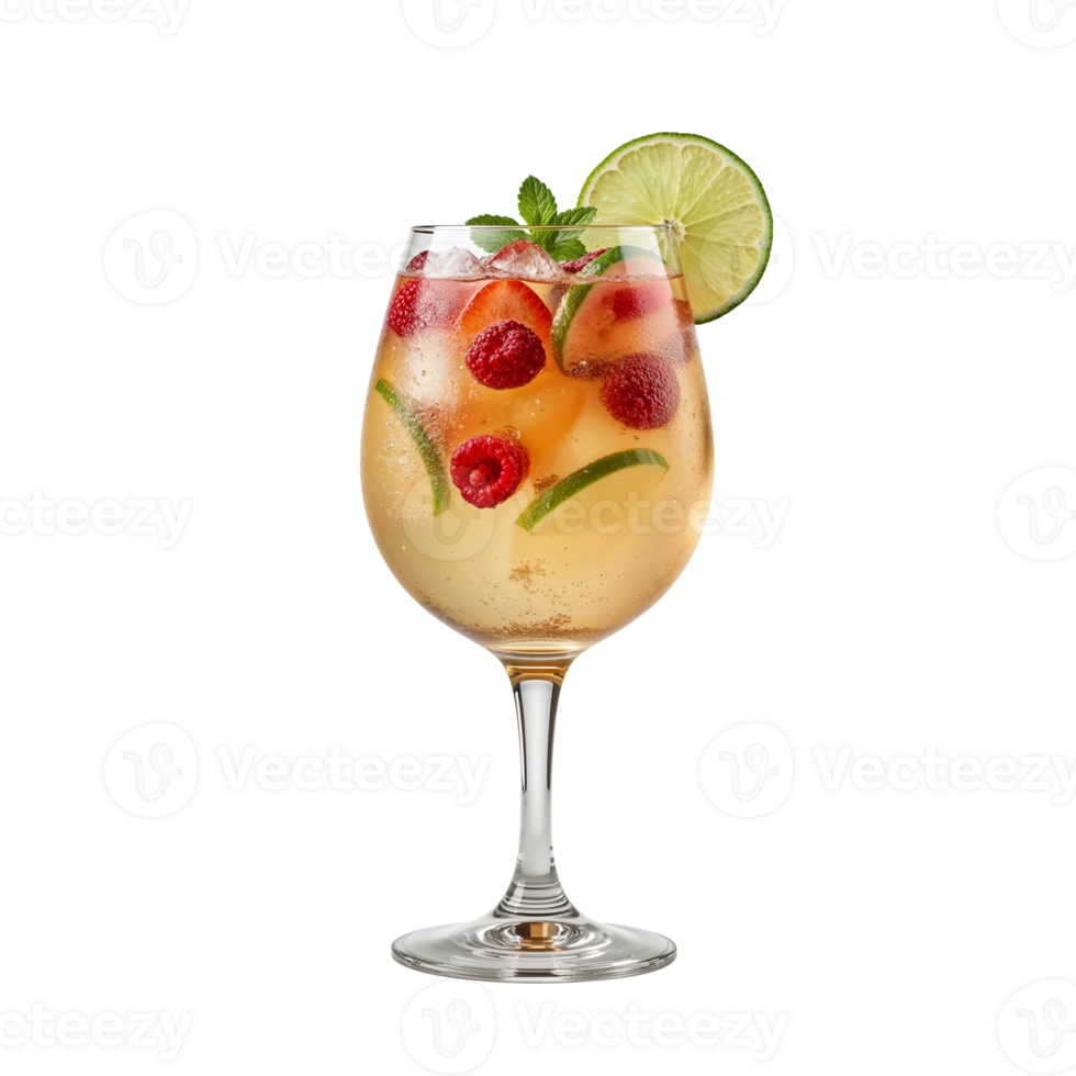 Refreshing summer beverage with vibrant fruit garnish isolated against pure canvas png