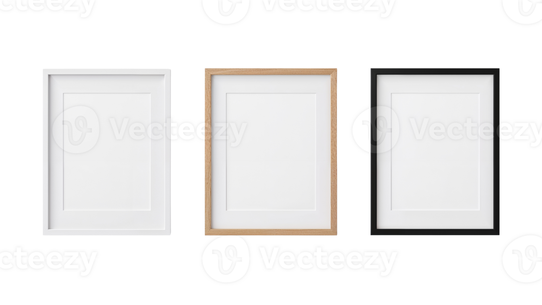 Elegant picture frames mockup set, showcasing white, natural wood and solid shades, isolated with png