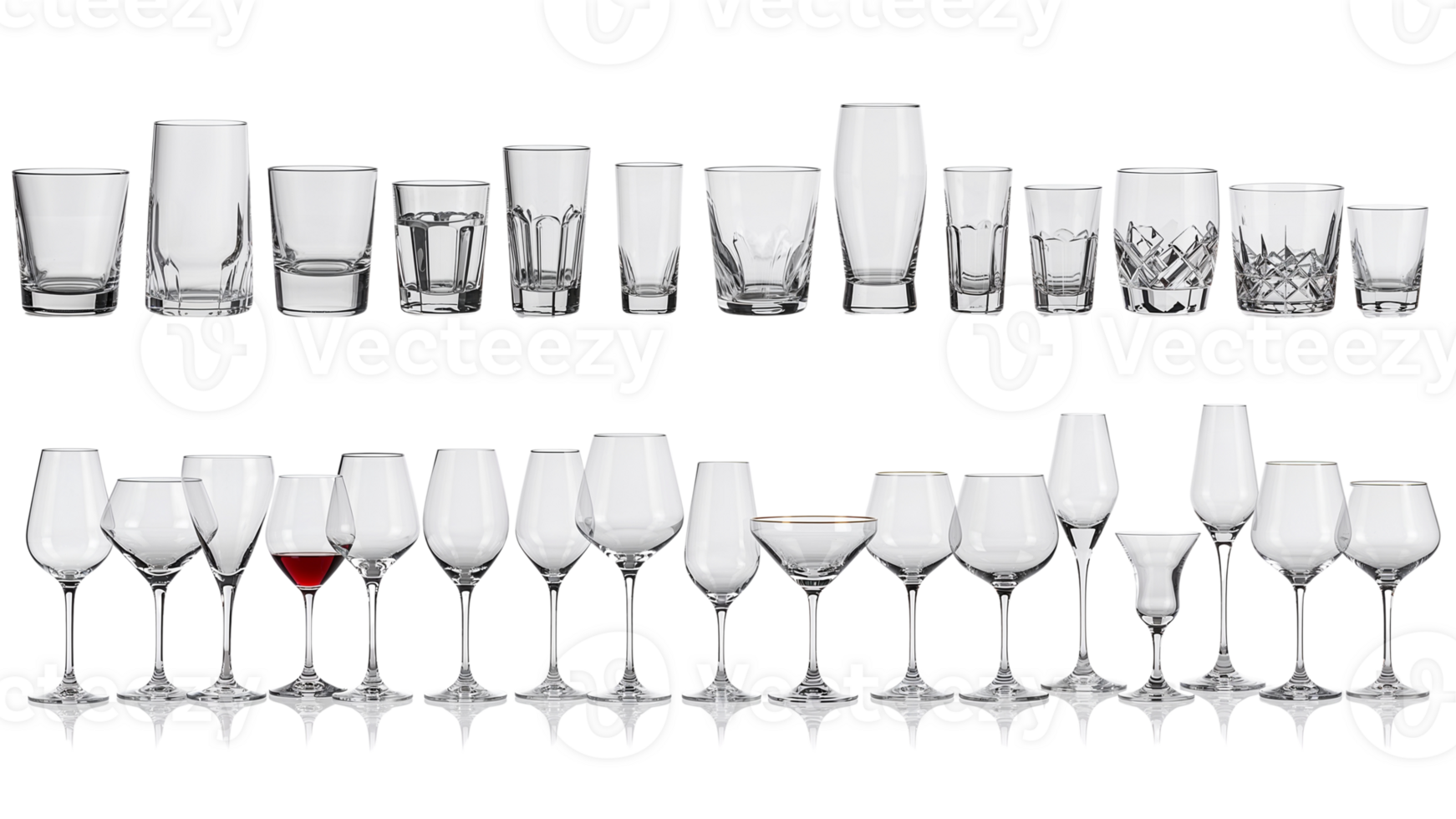 Assortment of stylish clear glassware presentation on a transparent background ideal for various png