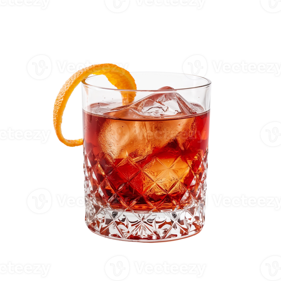 Elegant cocktail with ice cubes and an orange twist against a transparent space png