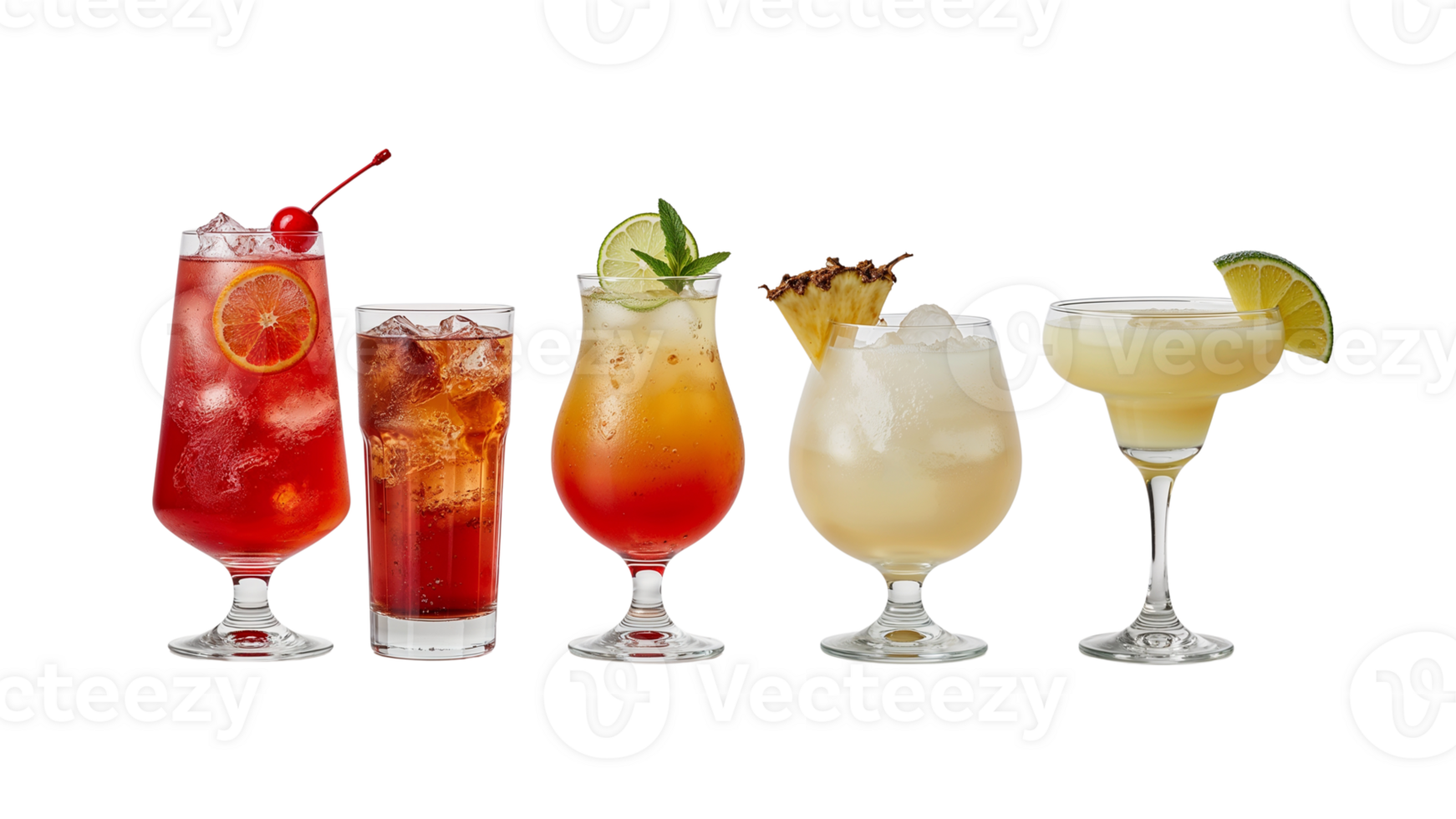 Selection of vibrant cocktails, elegantly displayed on an isolated transparent scene with png