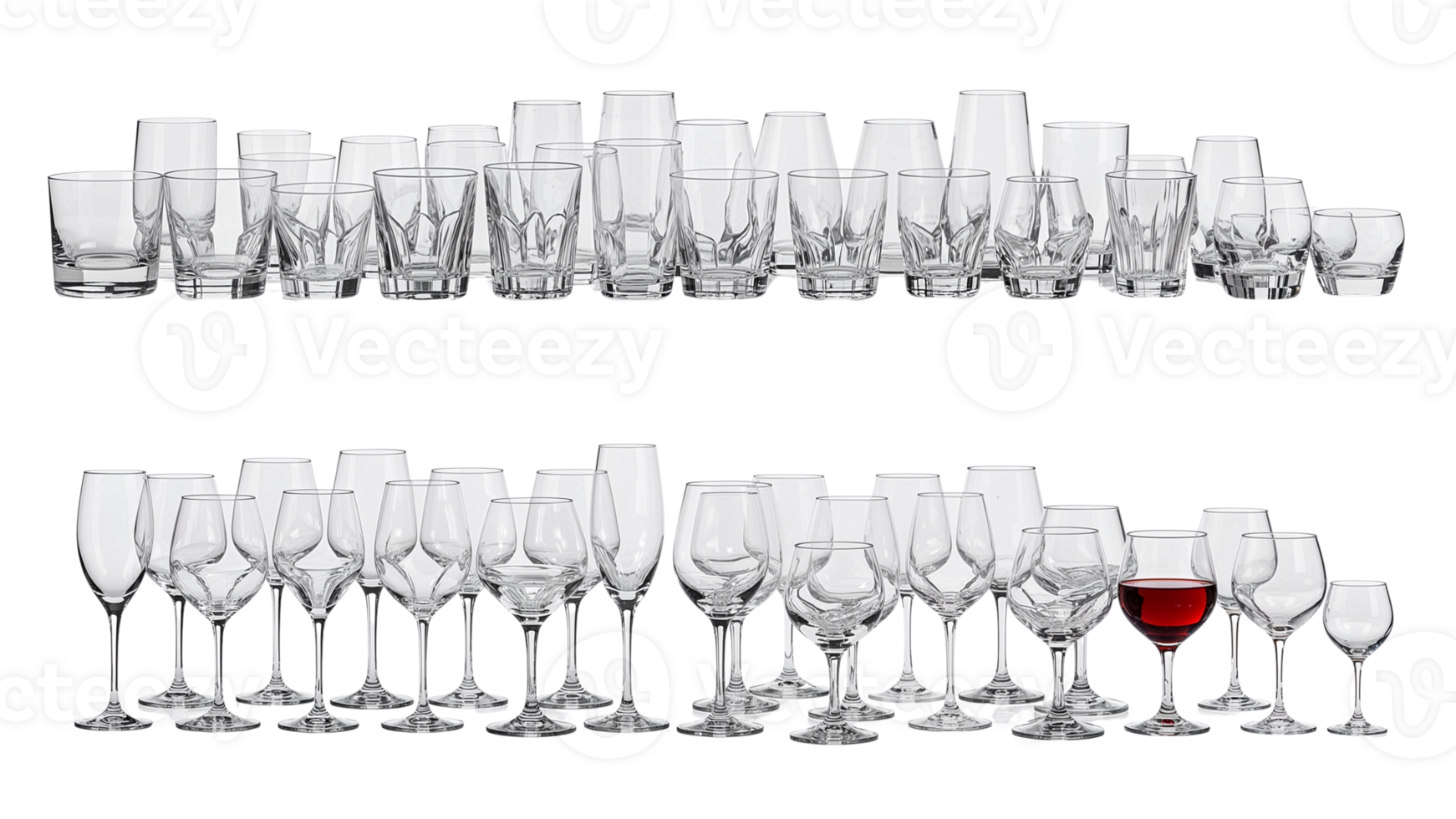 Elegant assortment of crystal stemware and glassware on an isolated transparent surface, png