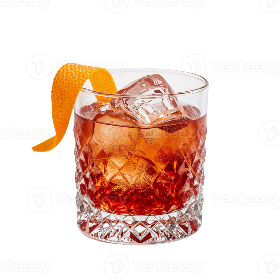 Elegant faceted glass filled with amber liquor and ice, adorned with citrus zest on isolated png