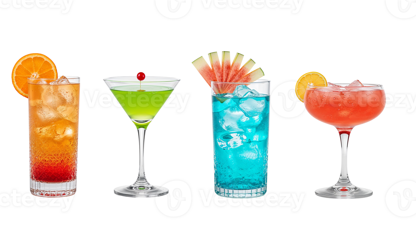 Selection of Vibrant Cocktails with Fruit Garnish on Isolated Transparent Background png
