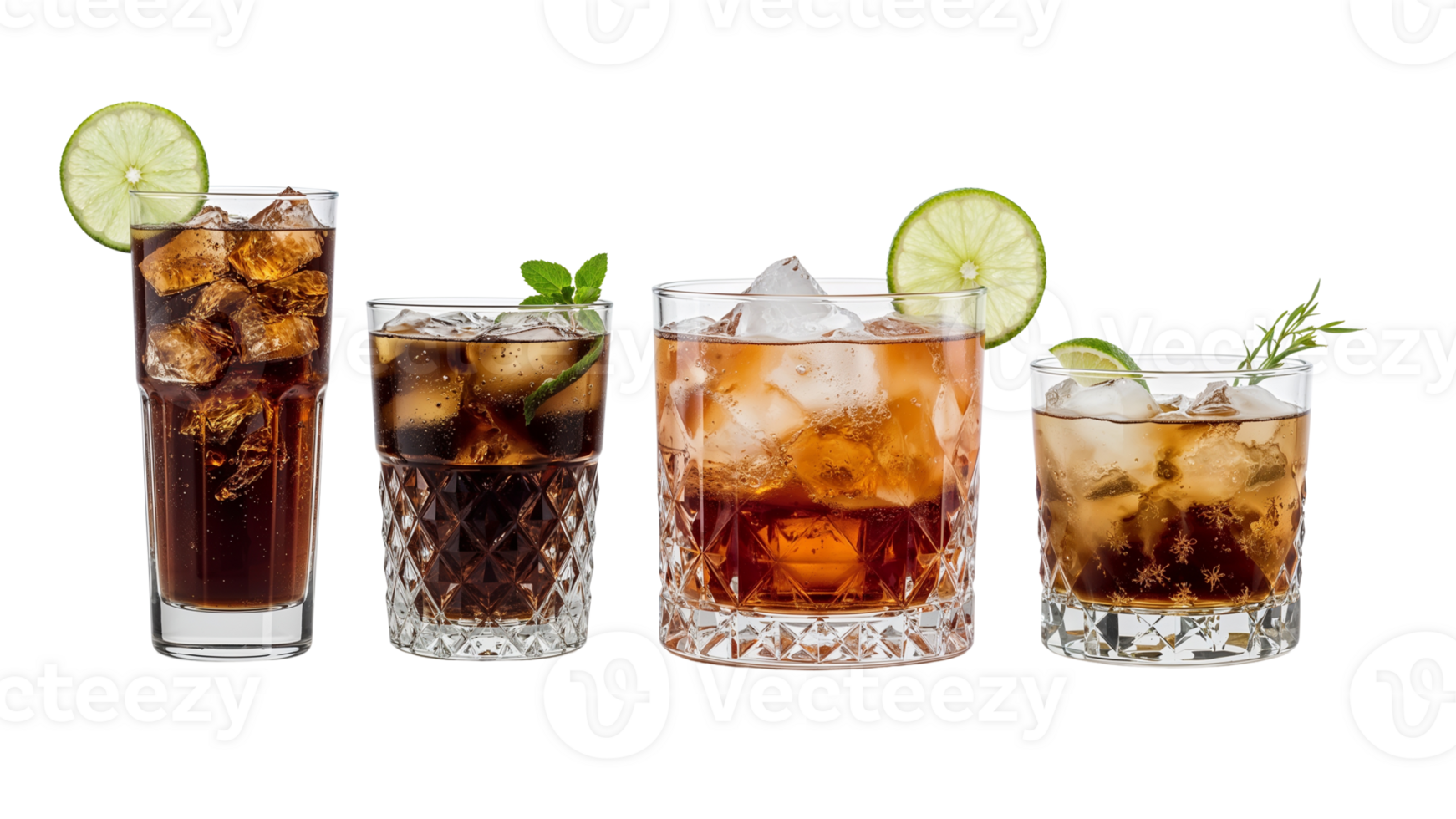 Refreshing assortment of cola cocktails displayed against a transparent background, perfect for png