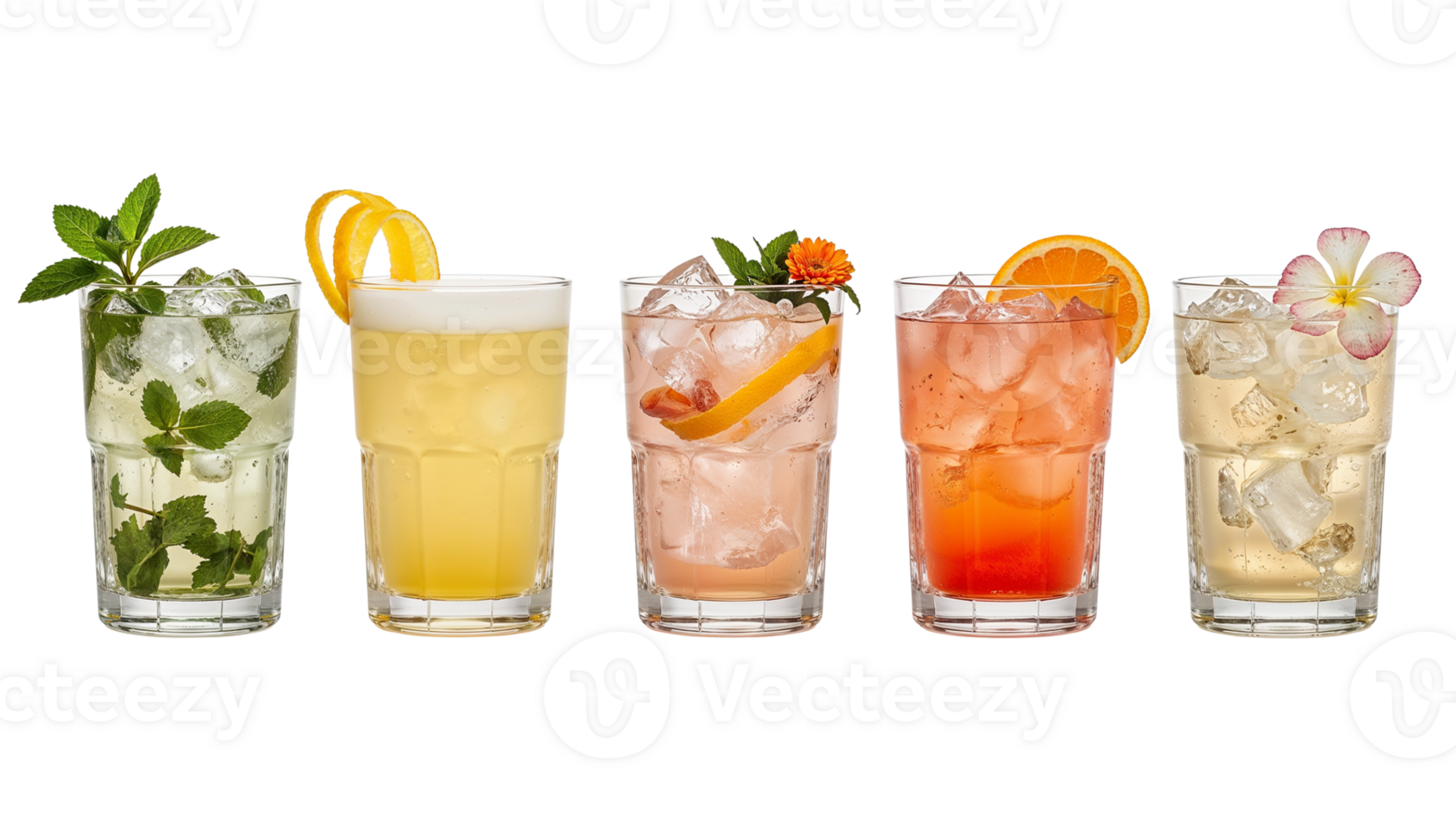 Exotic cocktails assortment, with citrus fruits, flowers and aromatic herbs, against a clean png