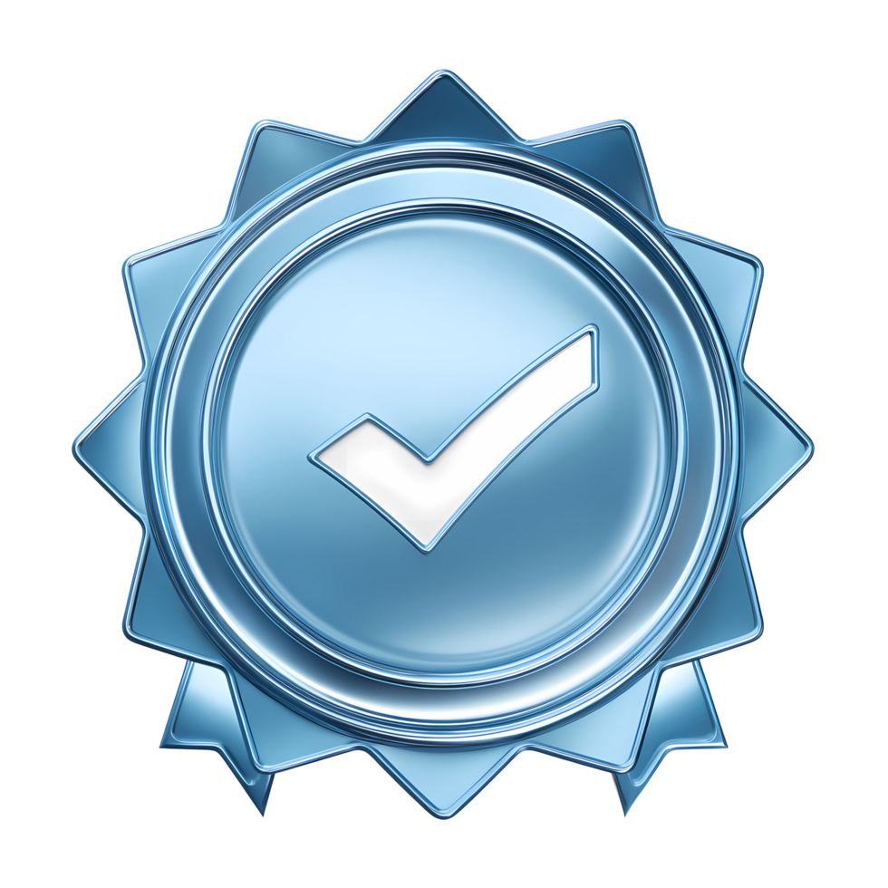 Blue Metallic Check Mark Badge with Starburst on Transparent Background png
