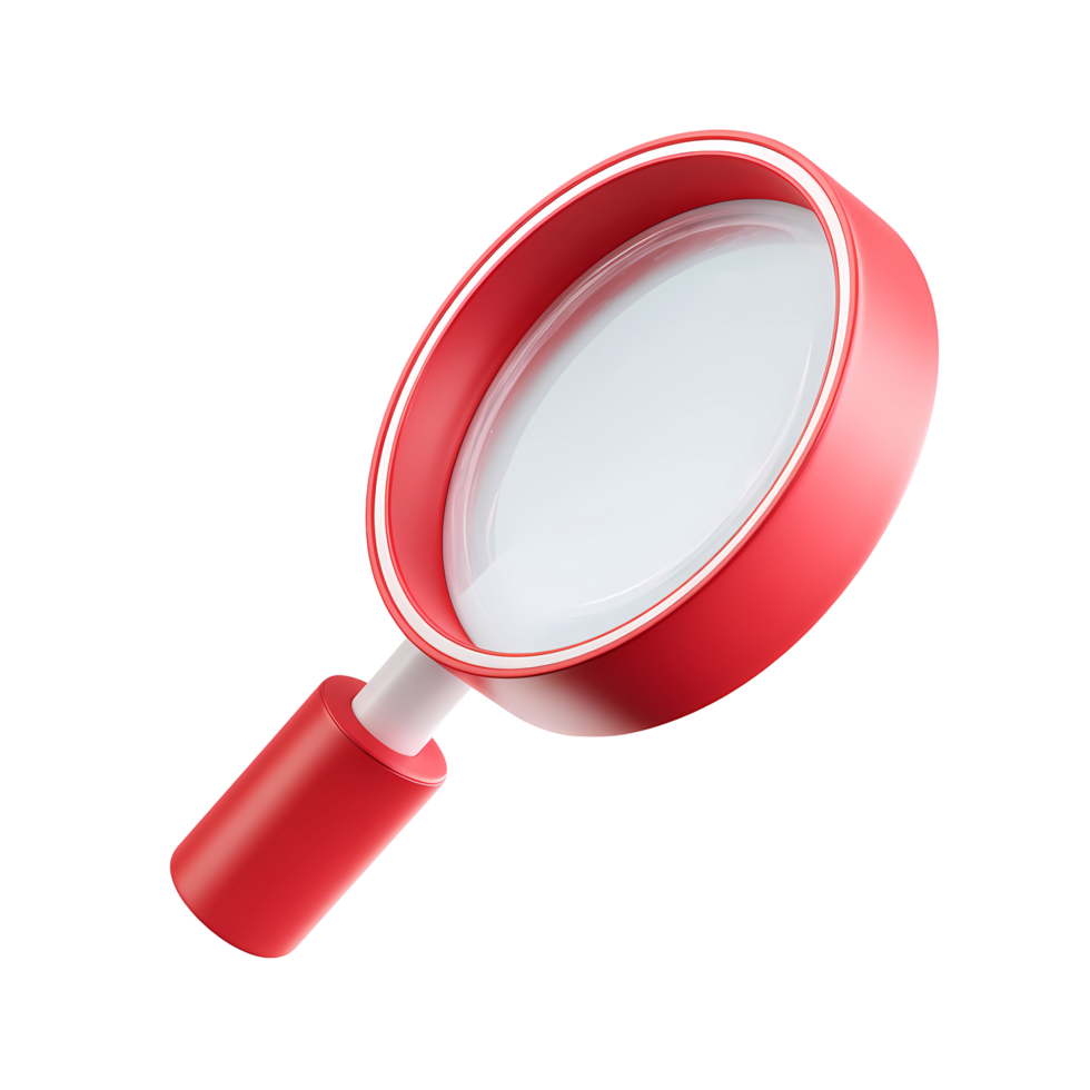 Red and white magnifying glass 3D render on transparent background png