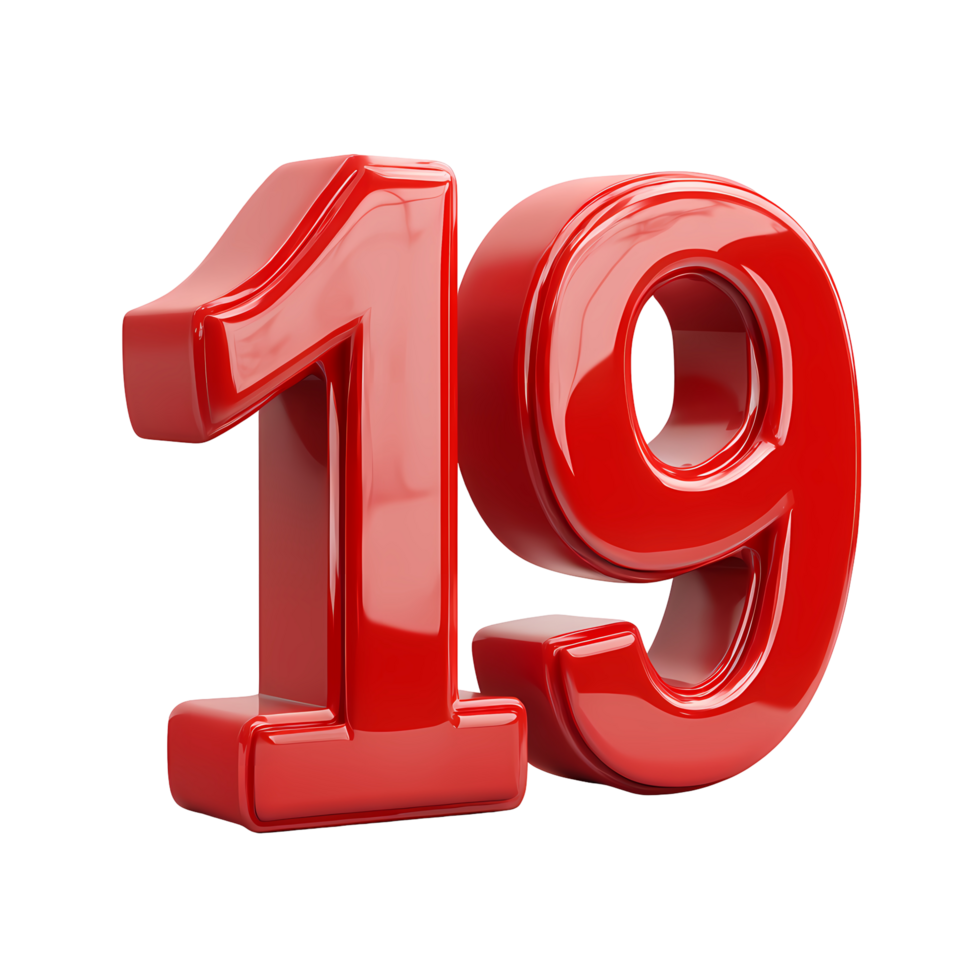 Shiny Red Number Nineteen on Transparent Background glossy png