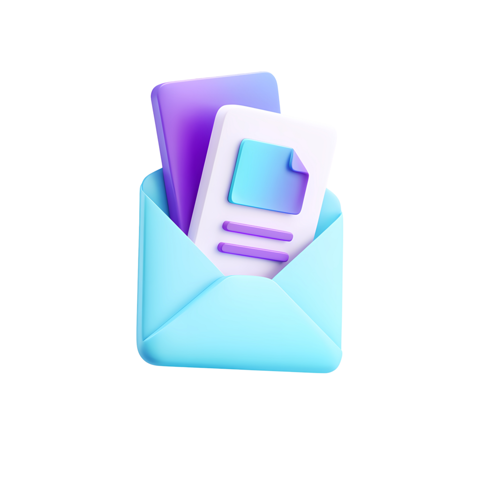 3D Render Email Envelope with Documents on Transparent Background png