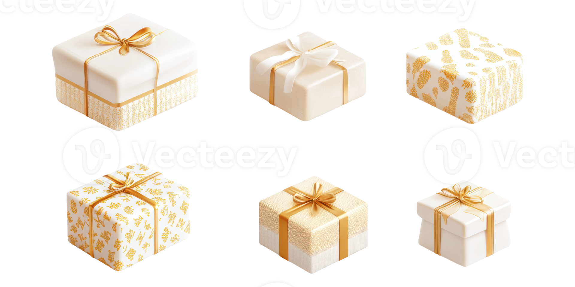 Elegant Gift Boxes With Gold Ribbons And Patterns. Luxurious Holiday And Celebration Packaging Isolated On Transparent Background png