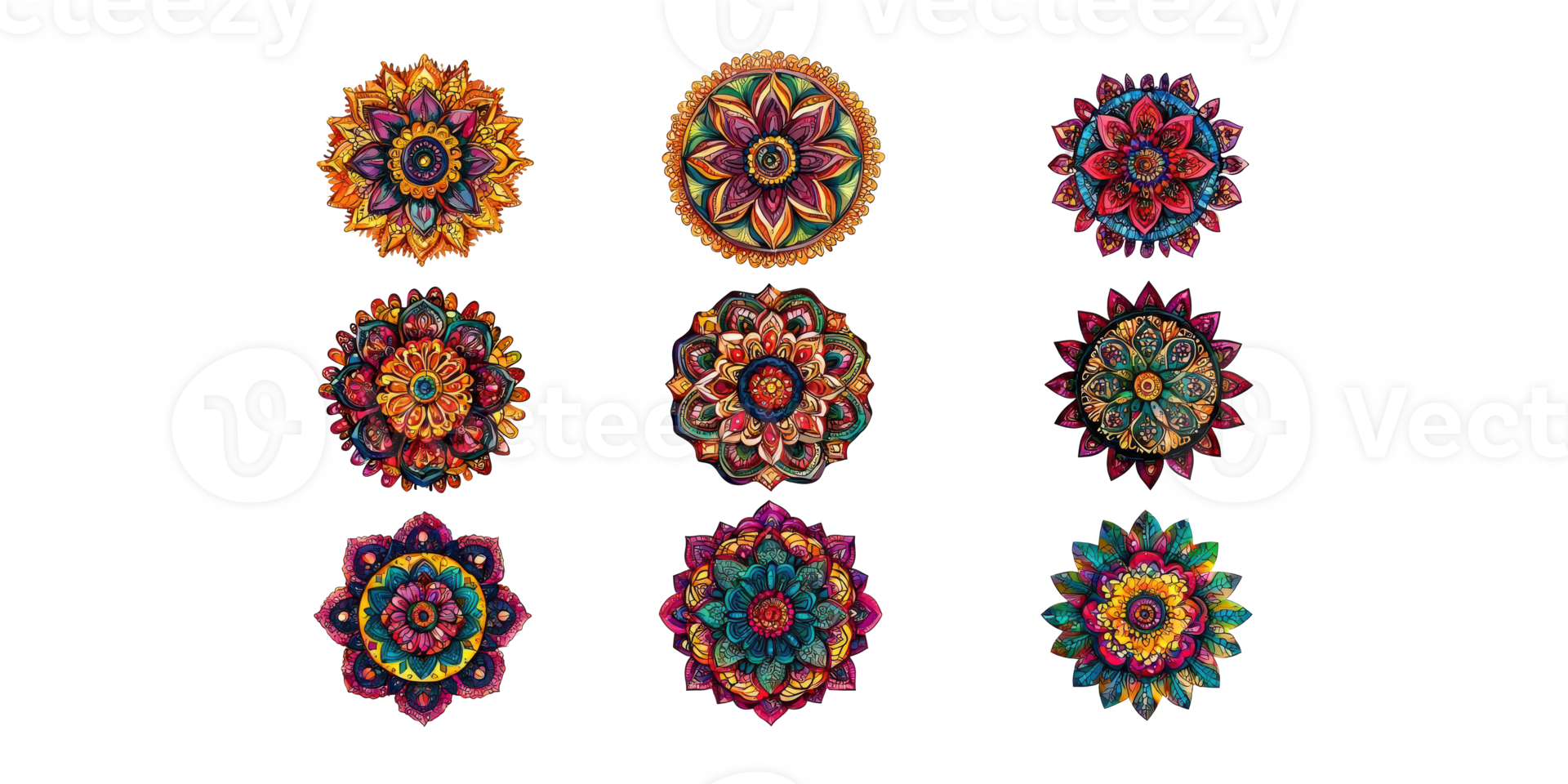 Colorful Mandala Designs Collection. Intricate Patterns For Meditation And Decorative Art Isolated On Transparent Background png