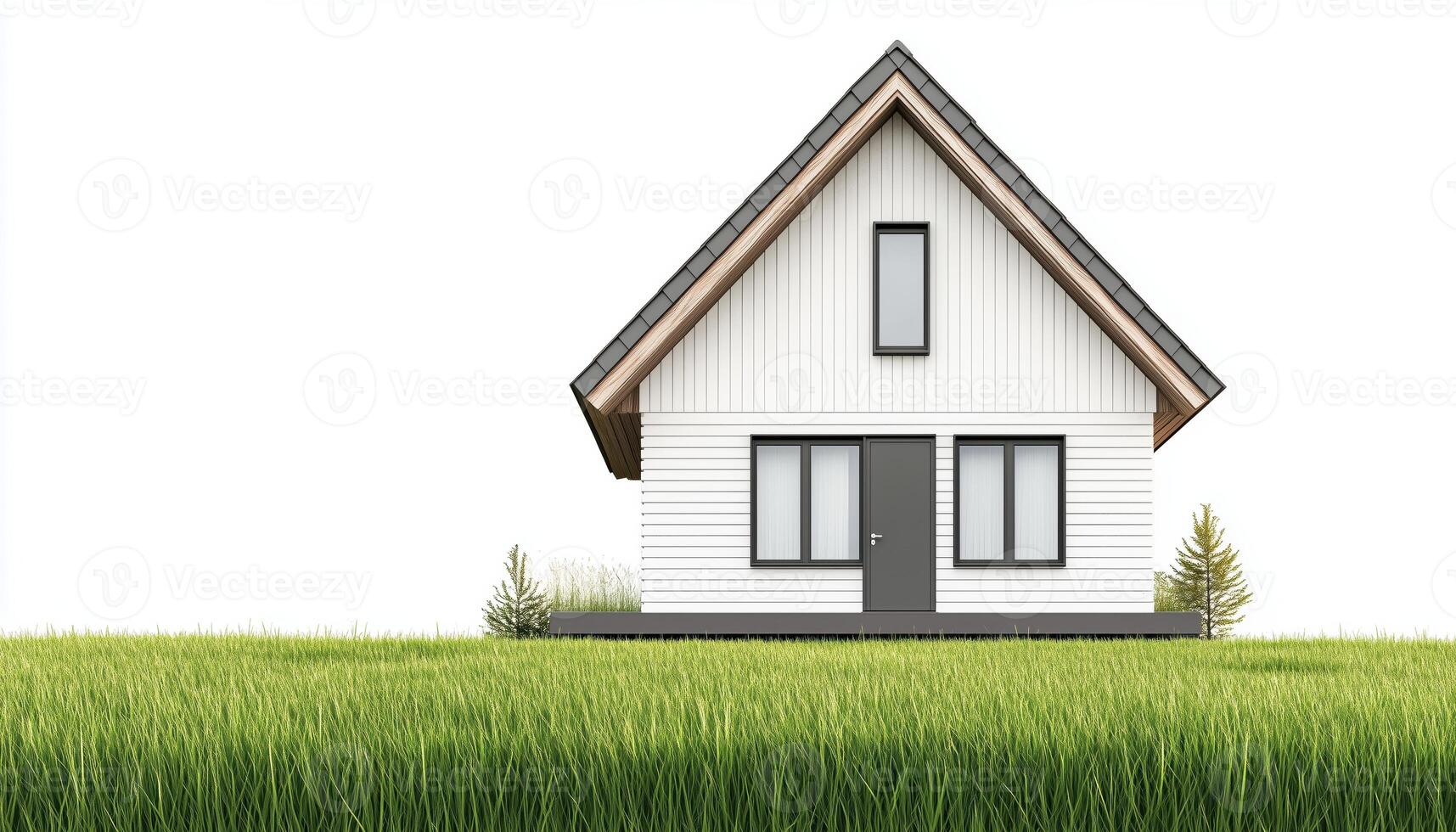 Modern Small Cottage House With White Plank Walls And Gray Roof Tile In Natural Surroundings, Front View On Green Lawn photo