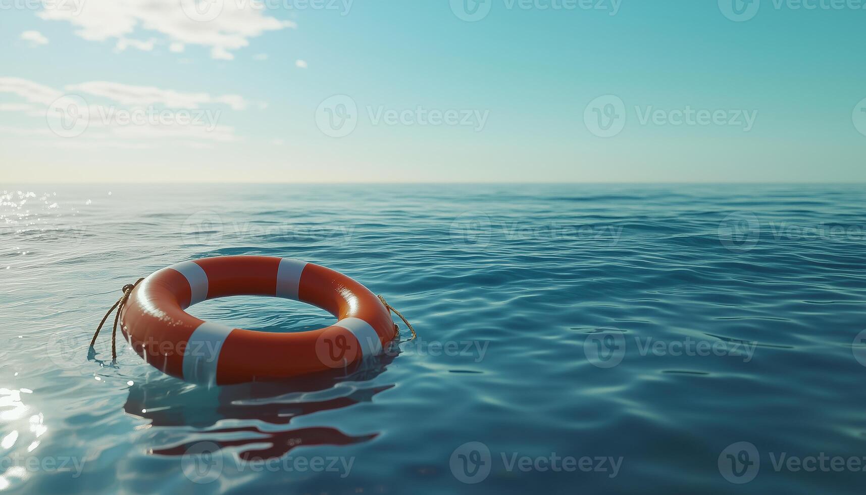 Emergency Lifesaver Buoy In Ocean. Social Advertising Poster Highlighting Lifeguard Equipment With Rope Floating In Sea, Saving Lives On Lifeguard Day photo