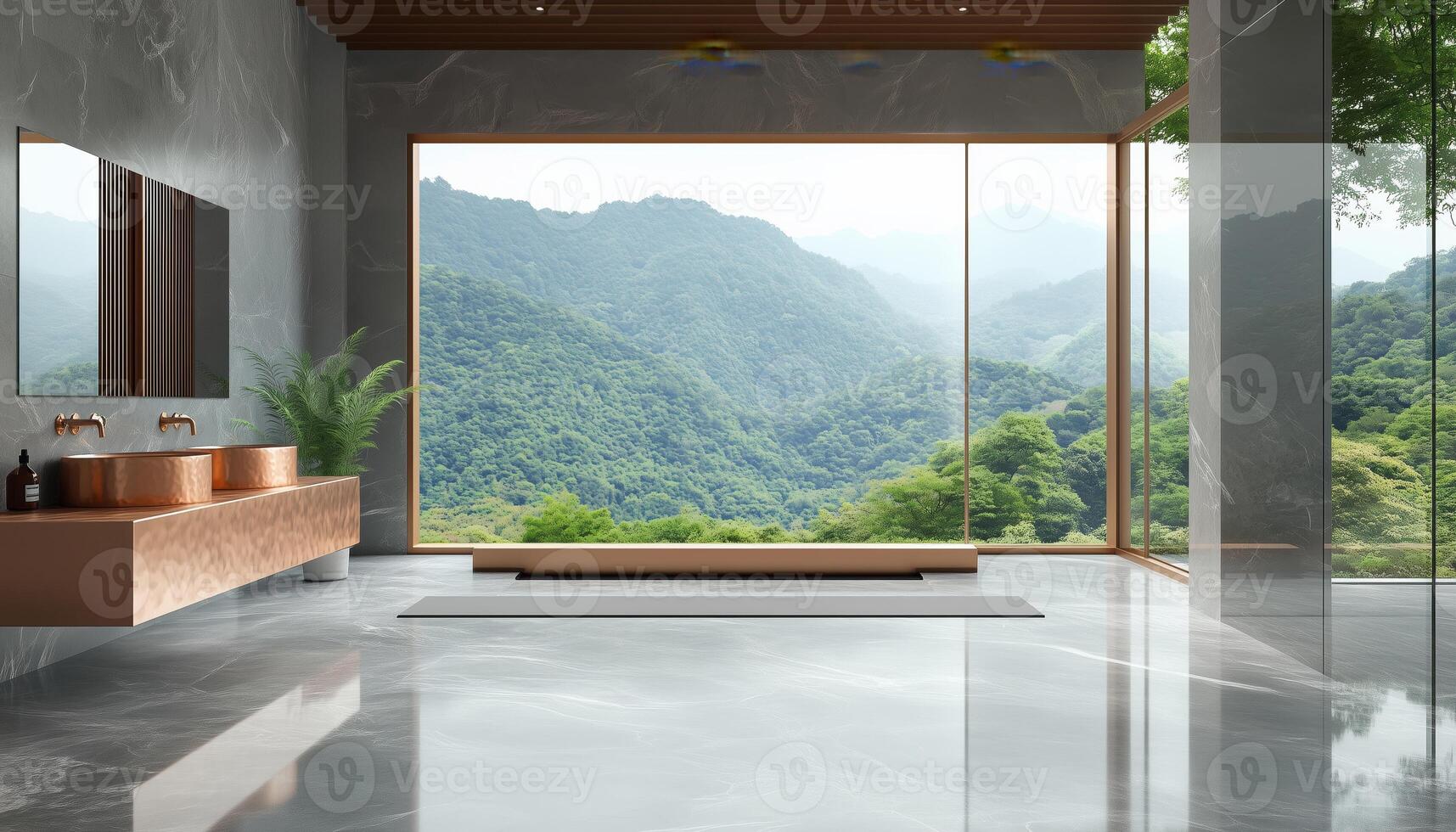 Luxurious Light Gray Bathroom With Marble Floor And Wall, Wooden Sink Counter And Copper Frame Mirror, Overlooking Nature View With Large Windows photo