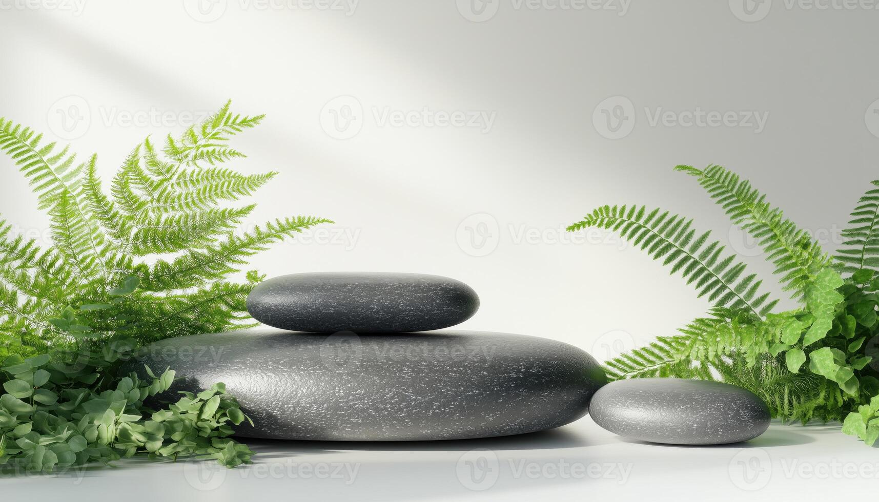 Natural Stone And Plant Display For Podium Product Presentations. Enhancing Cosmetics, Medicine, Jewelry, And Perfumes With Green Fern Leaves. photo