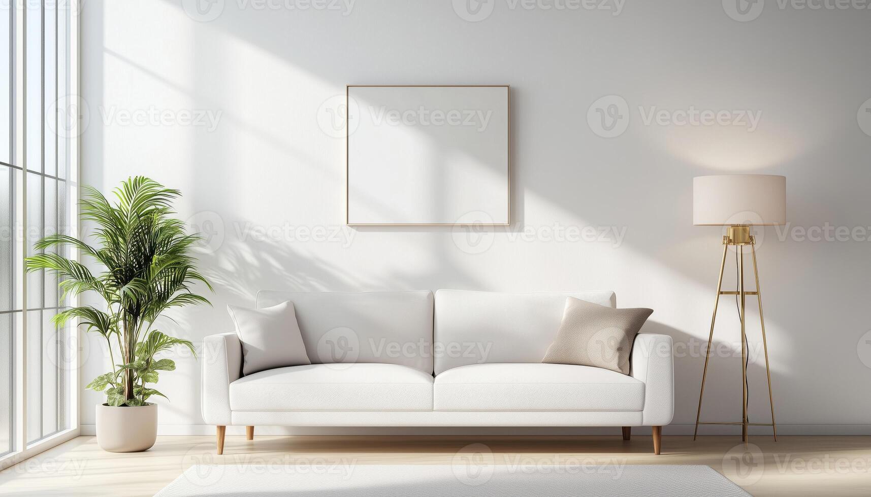 Modern Living Room With White Couch, Armchair, Lamp, And Potted Plant 3d Design Visualization. photo