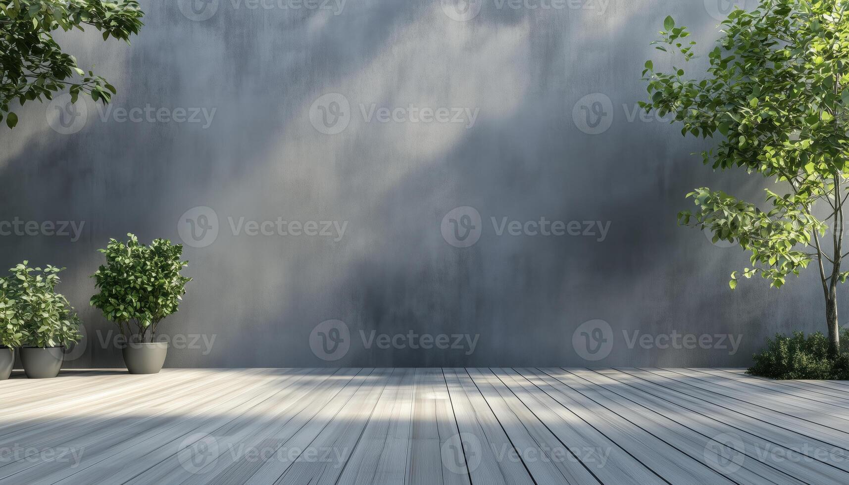 Spacious Wooden Terrace Loft Connecting Living Room And Garden Render With Gray Plank Floor And Concrete Wall For Copy Space photo