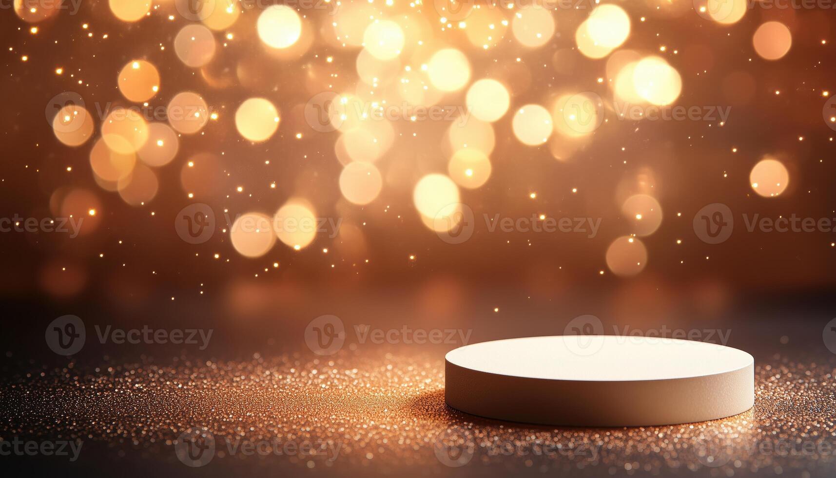 Cream Podium With Golden Circle And Glitter Light Effects, Adorned With Bokeh Decoration For Showcasing Products In A Striking Display photo