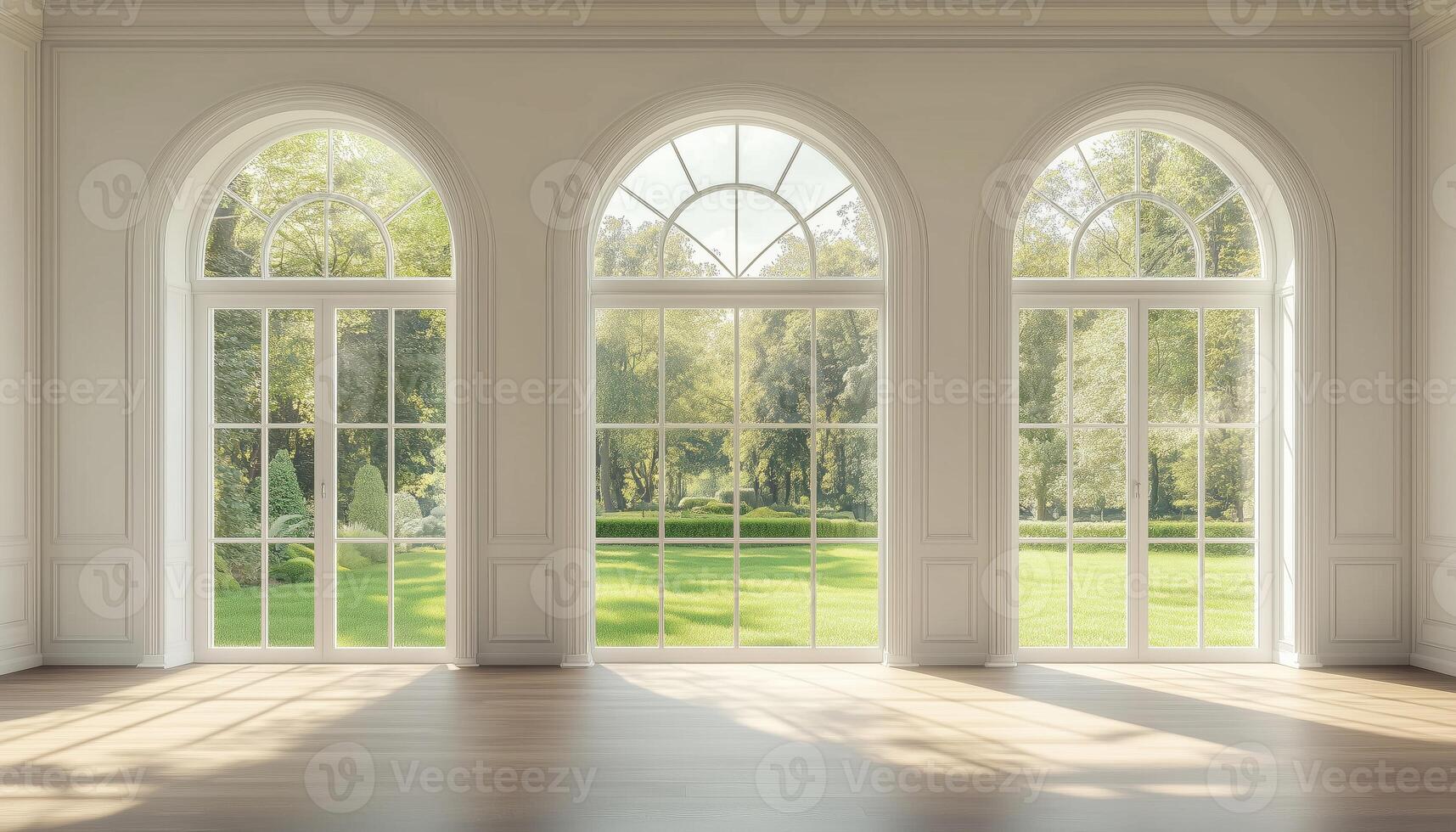 Empty Modern Luxury Classical White Room With Nature View Render Featuring Wooden Floors And Arch Shaped Window Overlooking Green Lawn And Garden photo