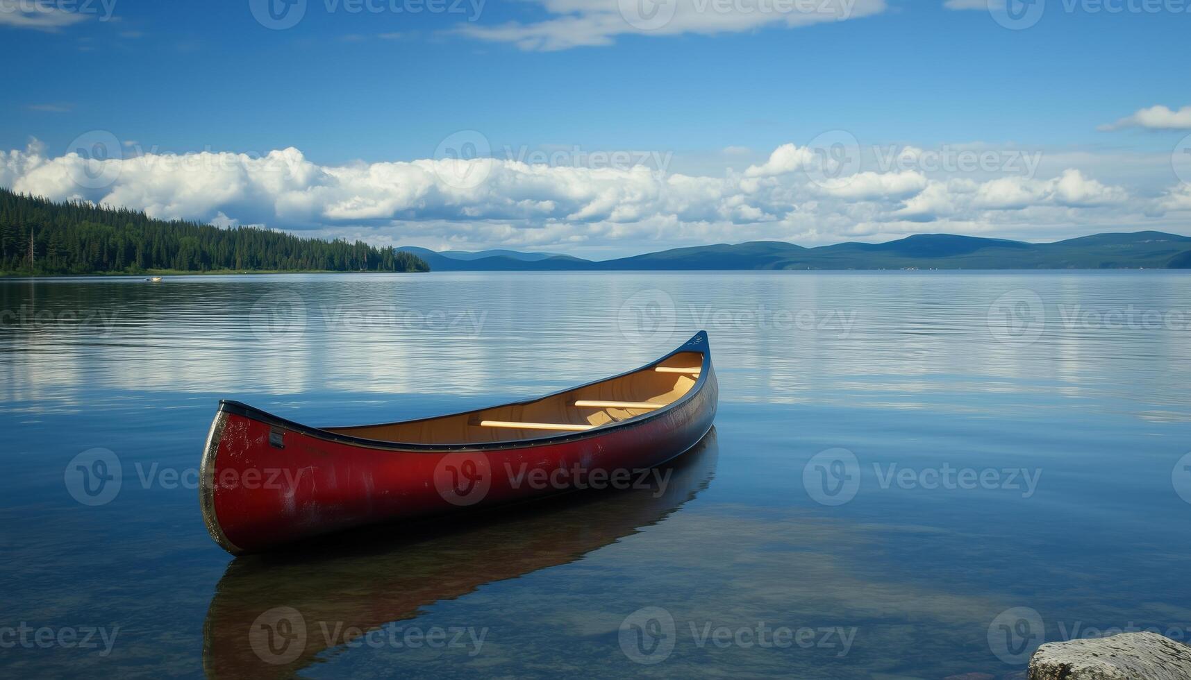 Calm Water Canoe Float. A Serene Image Of A Canoe Gracefully Gliding On Still Waters, Creating A Peaceful And Tranquil Scene photo