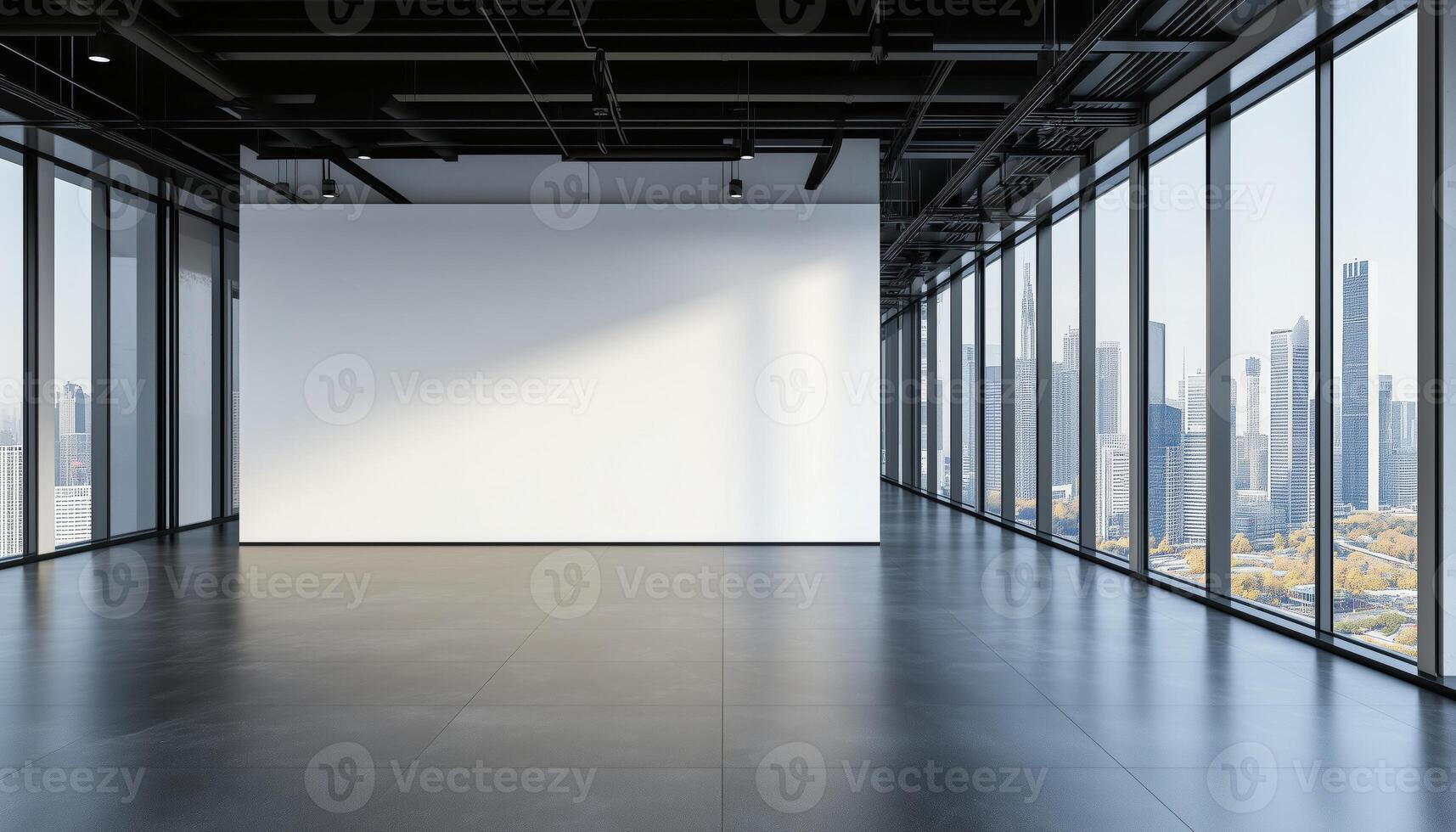 Office With Empty White Wall Render Showcasing Black Granite Tile Floors, Black Ceilings With Piping Systems, And Large Windows Overlooking A City View photo