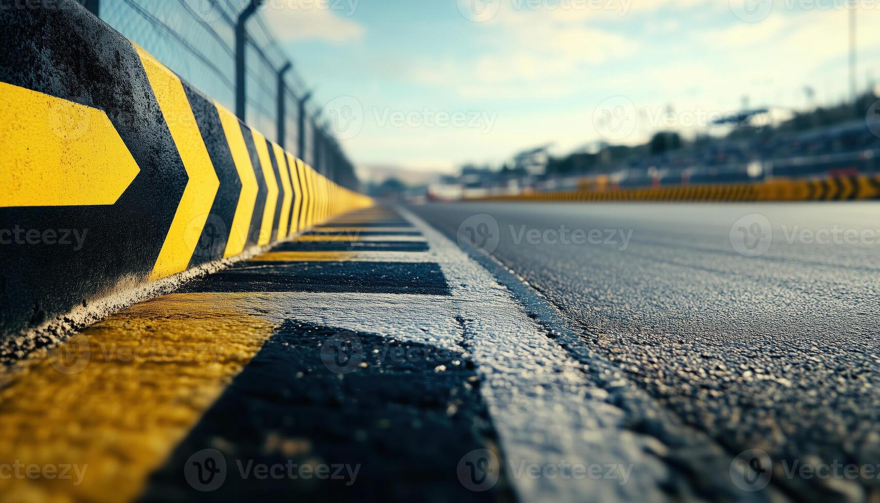 Side View Of Asphalt Racing Track With Yellow And Black Arrow Concrete Railing Depicted From An Angular Perspective photo