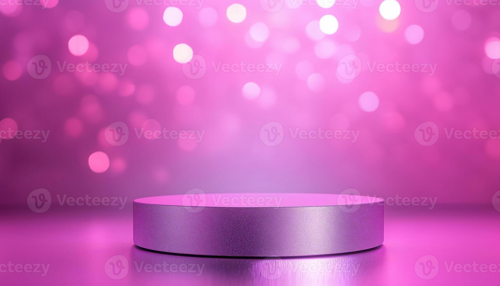 Luxurious Scene Of Silver Empty Podium On Pink Background With Neon Effects And Bokeh Decorations, Creating A Stunning Visual Display. photo