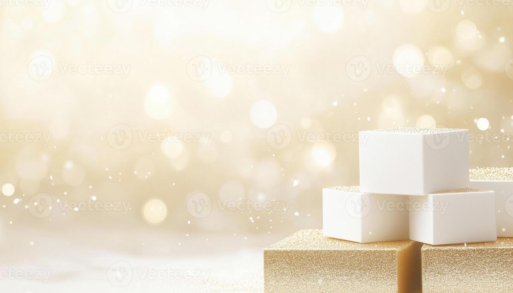 Luxurious White Square Geometric Podium With Gold Accents, Bokeh Decoration, And Glitter Light Effects For Stunning Product Displays. Modern Elegance photo