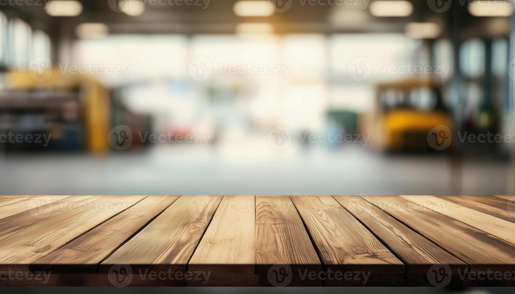 Wooden Table With Clear Surface And Blurred Background For Product Display In Garage. Empty And Ready For Showcasing Items photo