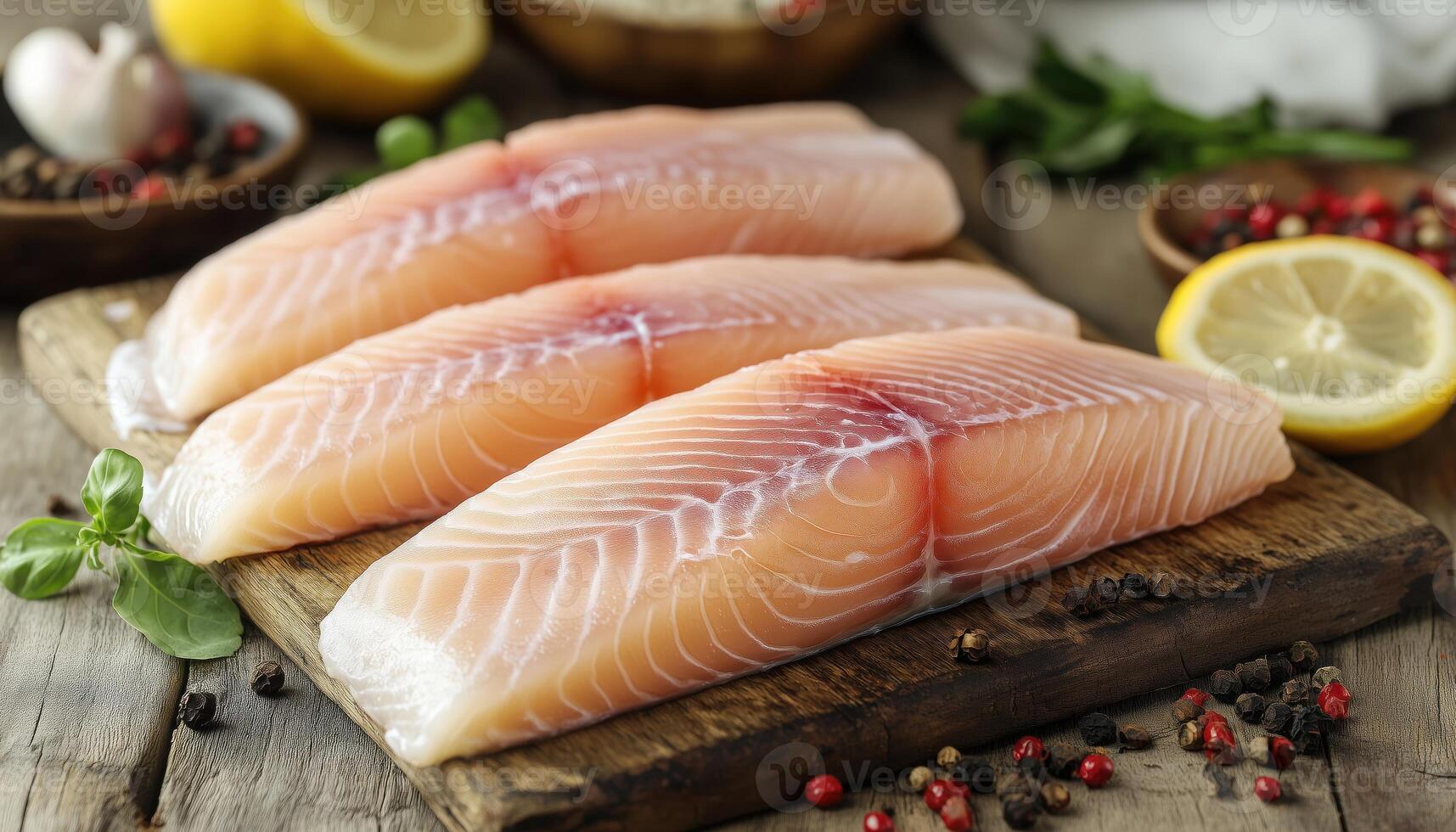 Fresh fish fillets on a board photo
