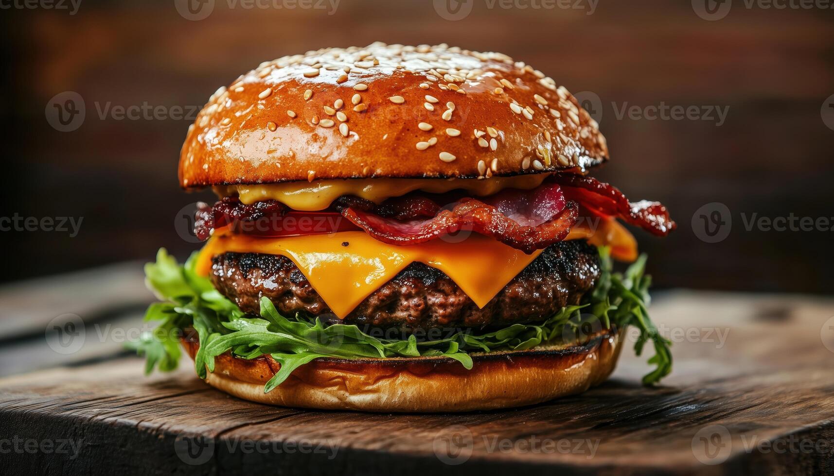 Cheeseburger with bacon and greens photo