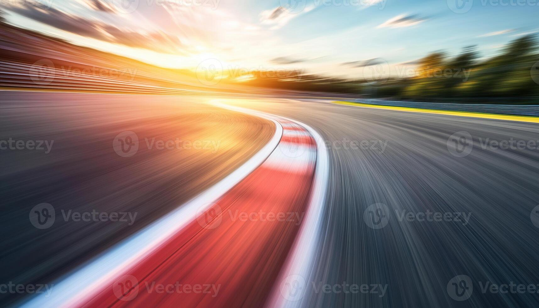 Blurred Motion Of A Racetrack At Sunset. A Sunlit Scene Captured In Motion Blur, Creating An Abstract And Dynamic Image photo