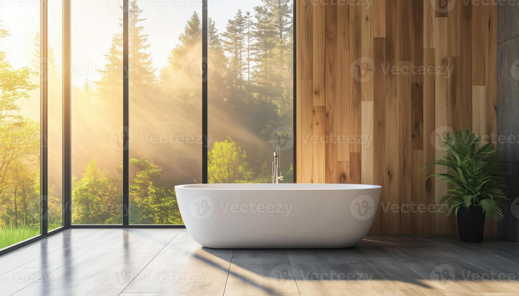 Wooden Wall And Floor Elements In A Modern Contemporary Bathroom Rendering Image With Large Windows Overlooking Nature photo