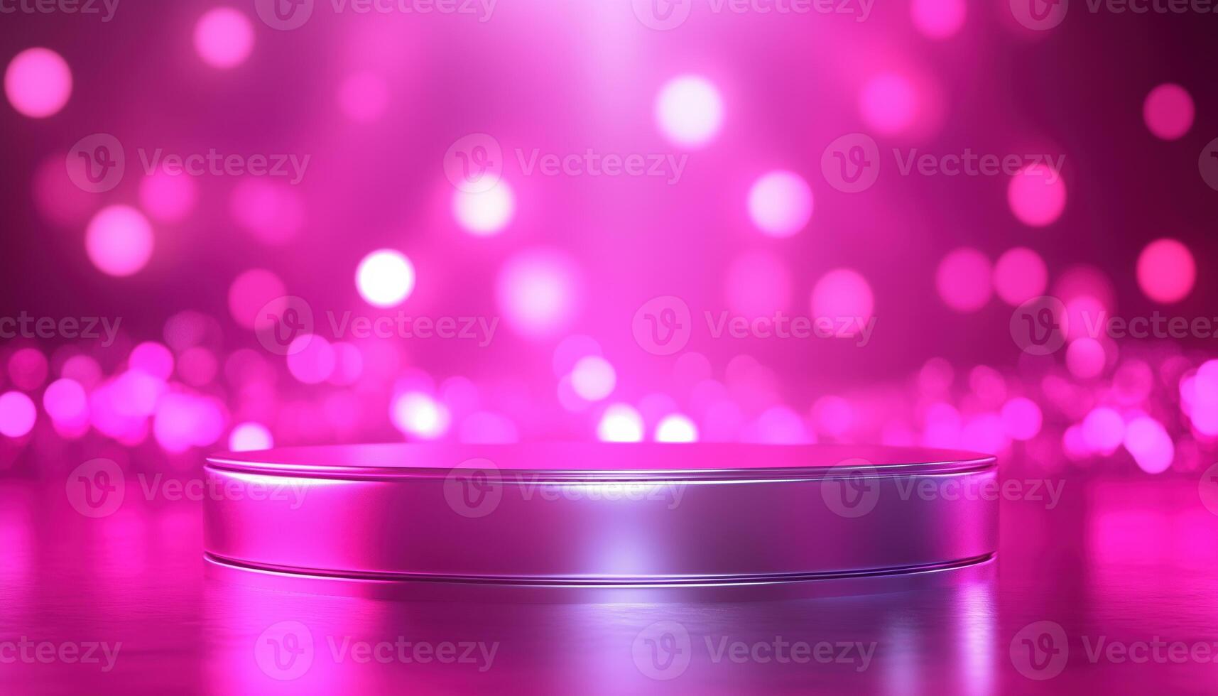 Luxury Scene. Silver Podium Against Pink Background With Neon Lights And Bokeh Decorations, Creating An Empty, Elegant Atmosphere photo