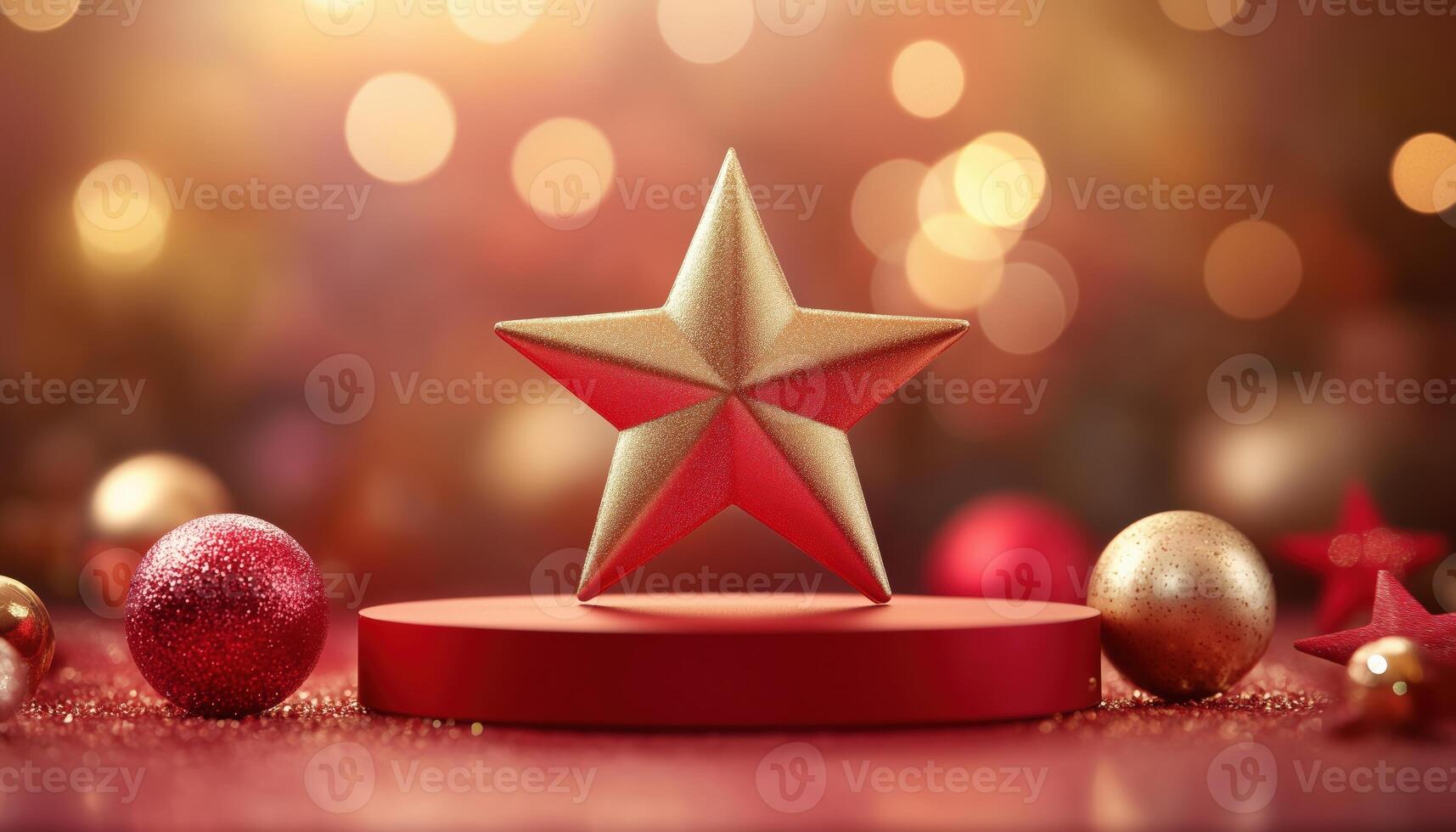 Shiny Gold Star On Red Pedestal With Hazy Ball Ornaments And Sparkling Lights, Enhanced With Bokeh Effect photo