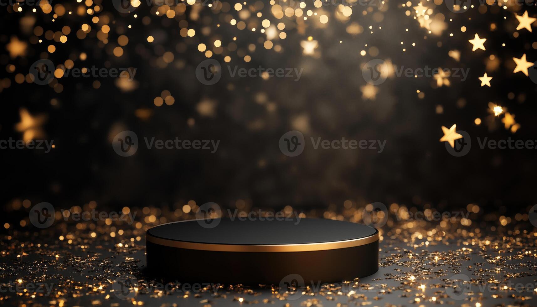 Luxurious Award Ceremony Decor. Black Empty Podium With Dark Gold Stars, Light Ray Effects, And Bokeh Elements photo