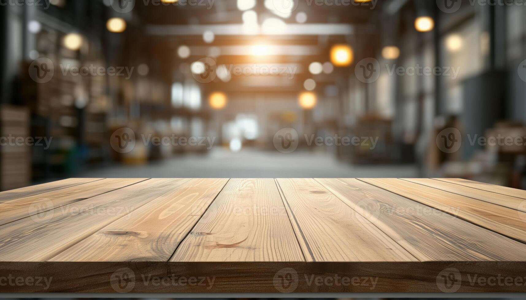 Empty Wooden Table With Blurred Garage Background Ideal For Showcasing Products In A Professional And Aesthetically Pleasing Manner photo
