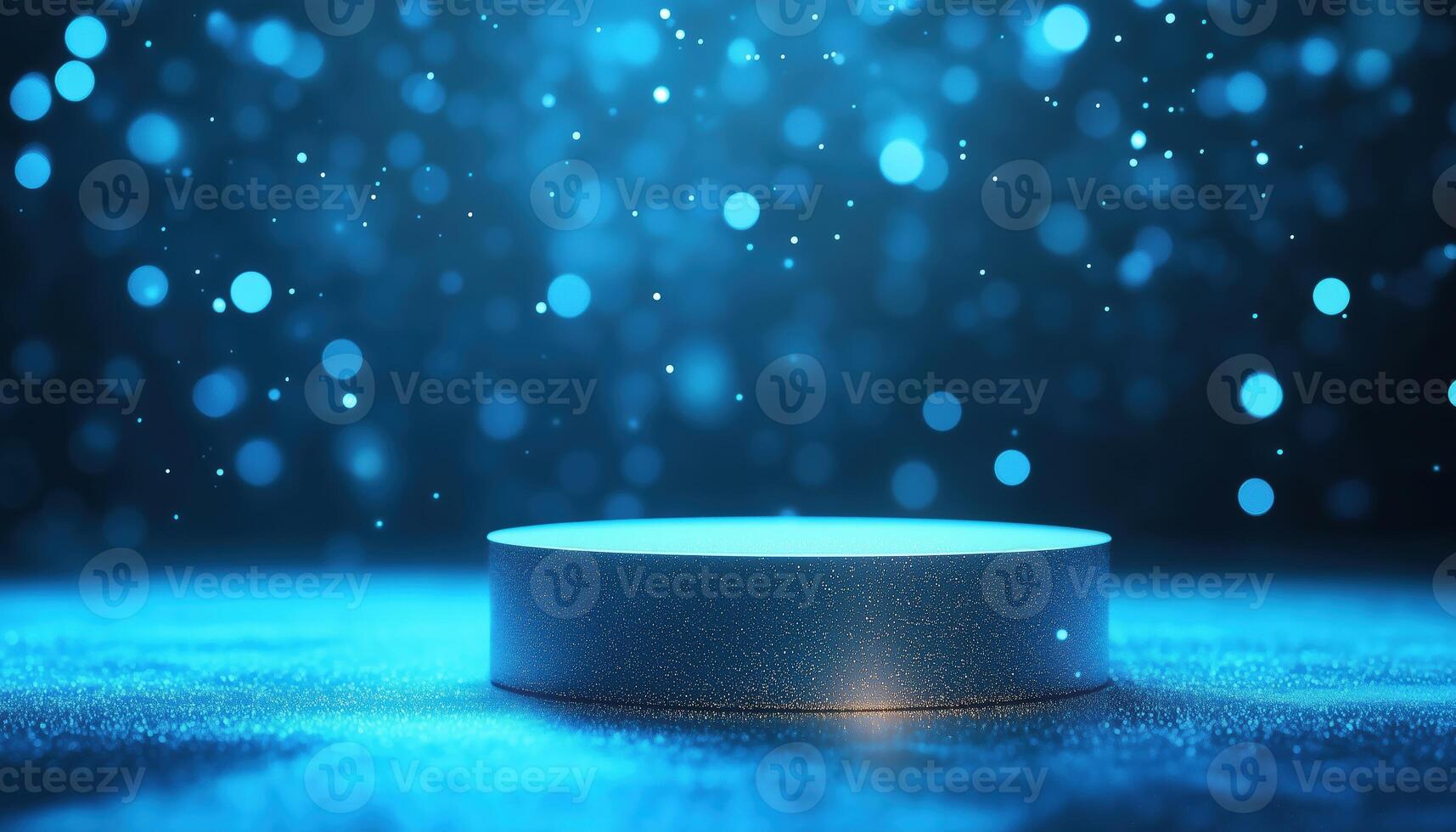 Luxurious Scene. Blue Background With Empty Podium And Golden Neon Effects, Bokeh Decorations, And Light Effects. Richly Decorated Setting photo