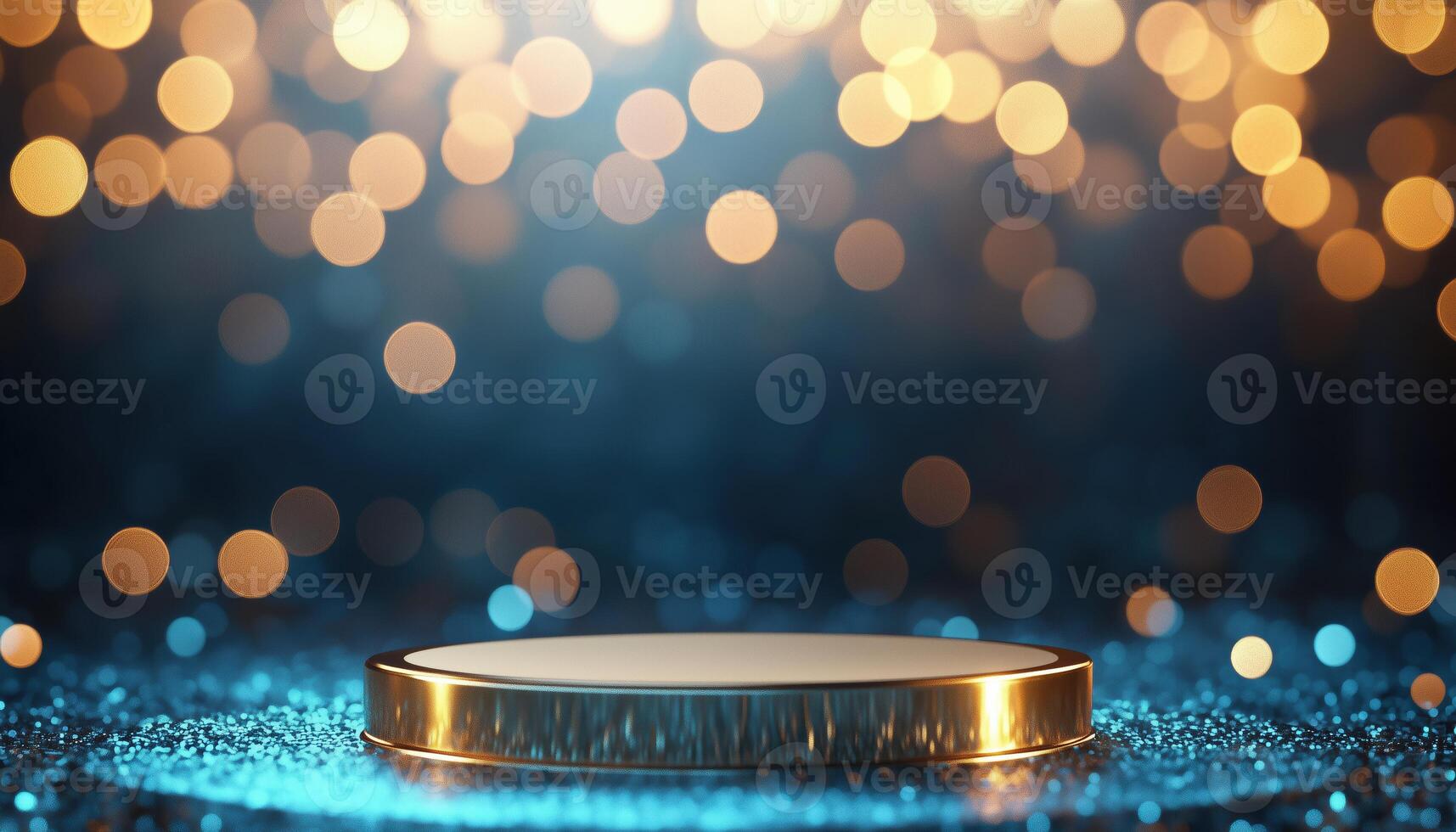 Luxurious Scene With Empty Podium In Gold On Blue With Neon Lights And Bokeh Decorations. Rich Visual Display photo