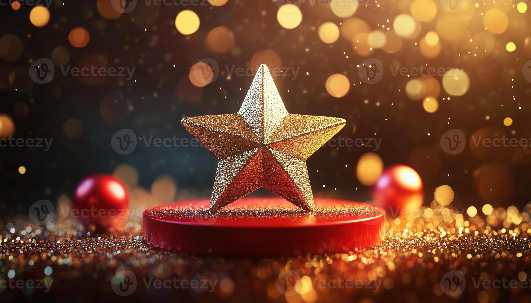 Gleaming Gold Star On Crimson Podium With Blurred Sphere Decoration And Sparkling Lights, Creating Bokeh Effect. photo