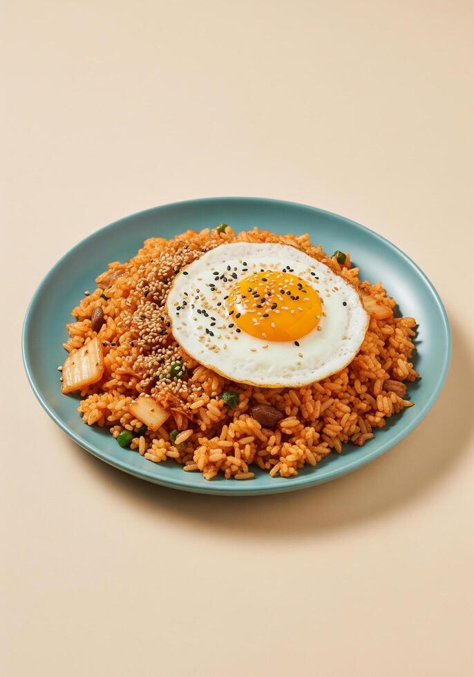 Spicy Kimchi Fried Rice with Egg and Sesame Seeds Isolated photo