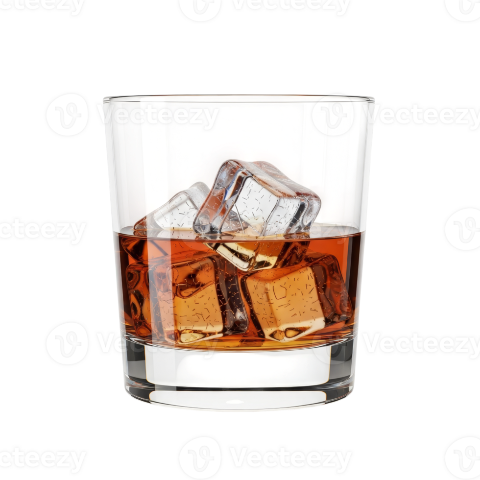 Whiskey Glass with Ice Cubes and Brown Spirit png