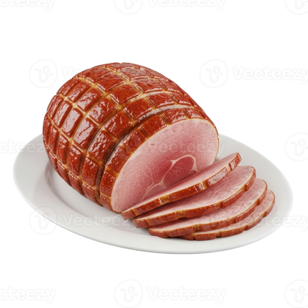 Glazed Sliced Ham on a White Serving Plate png