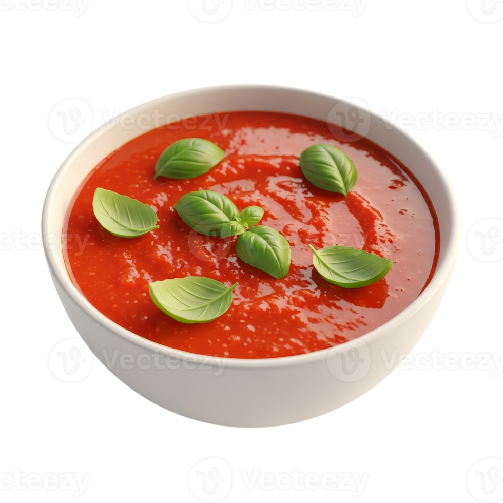 Bowl of Fresh Red Tomato Soup with Basil Leaves png